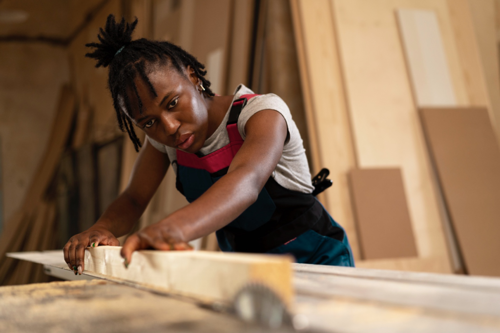 A carpenter lines up a piece of wood on a table saw