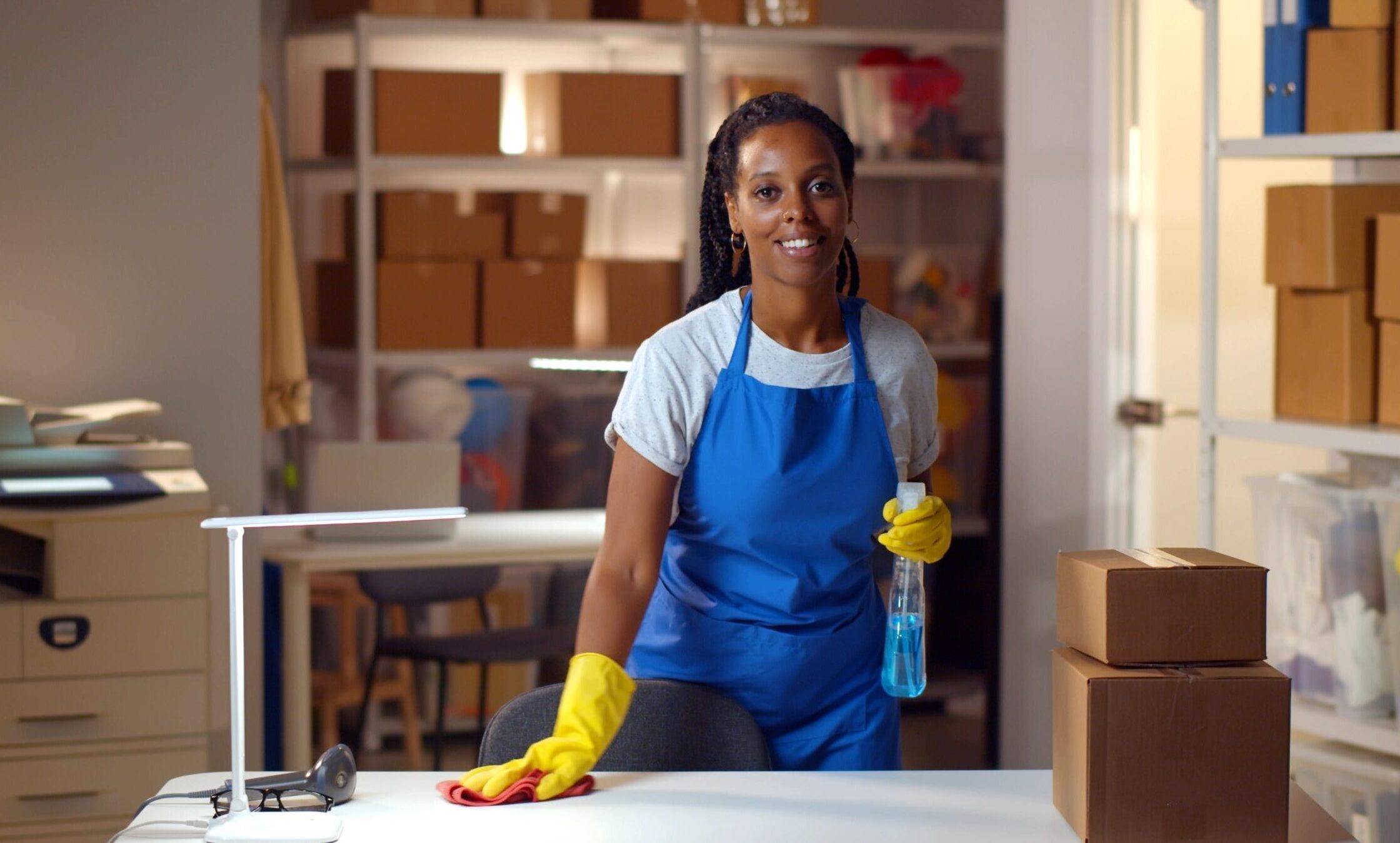 a general labor worker cleans a countertop holding a spray bottle