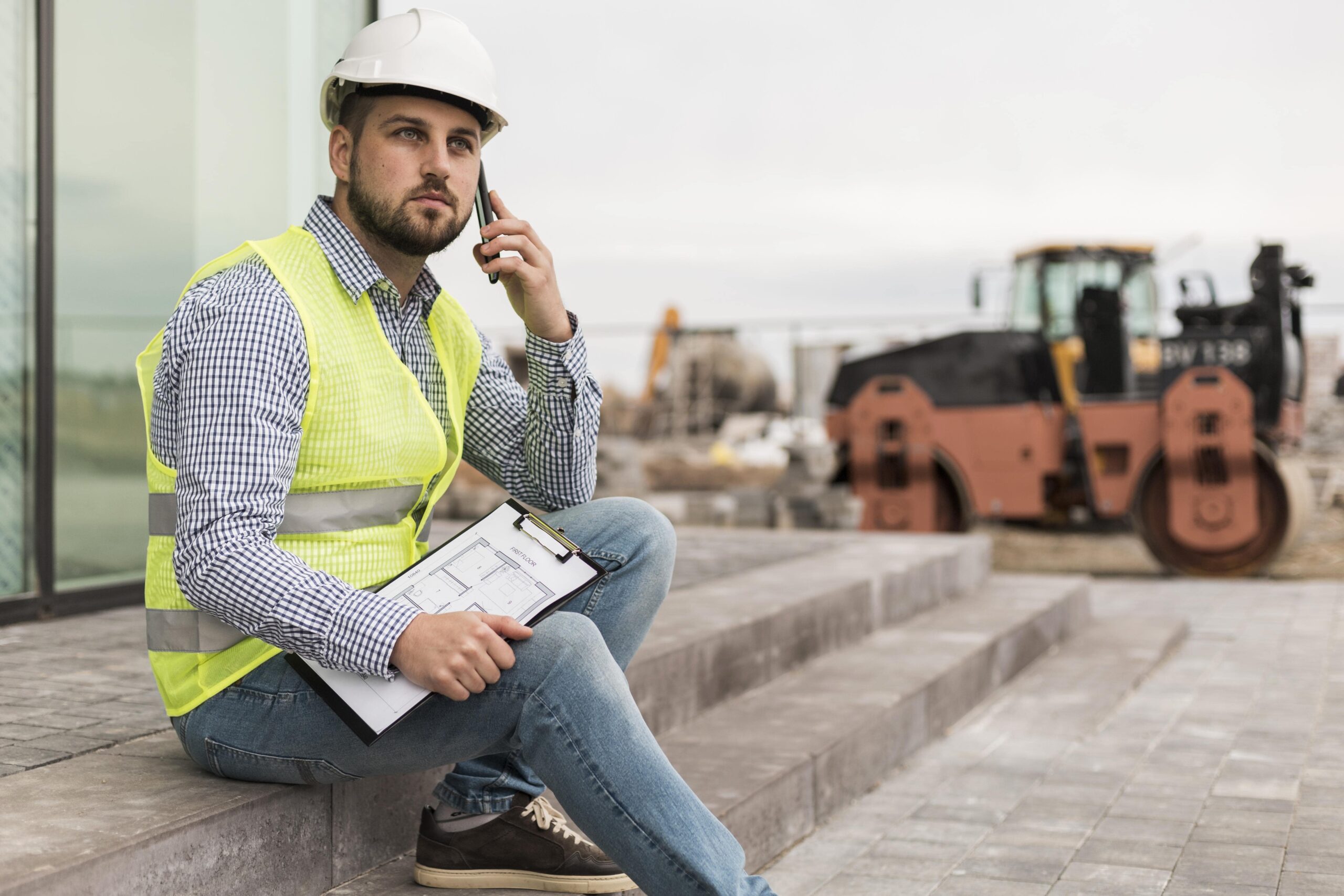 a building contractor sits on concrete steps while talking on the phone
