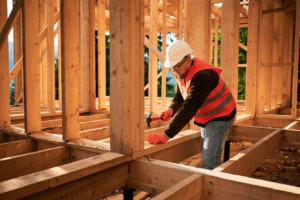 A man in a hard hat drives a nail in a floorboard inside the frame of a new construction house