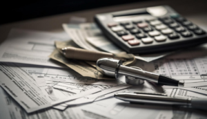 A close-up of a cluttered desk with pens, a calculator, and payroll services forms. 