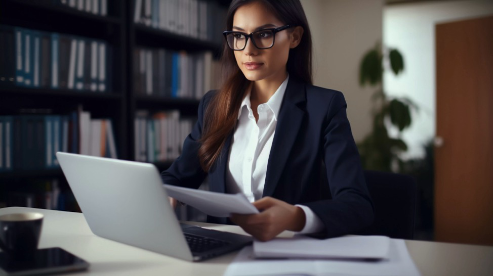 A woman sits at a desk holding papers while doing payroll for her company.