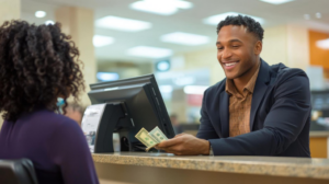 A man stands at a bank counter, holding cash. 