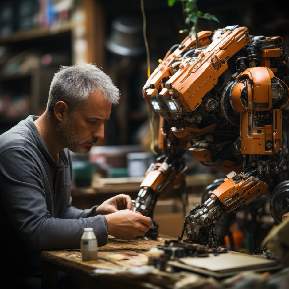 An industrial laborer working with a robot