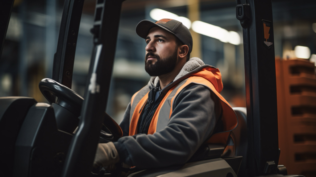 A man driving a forklift