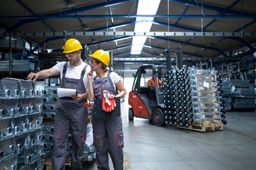 factory workers checking the quality of products in an industrial warehouse
