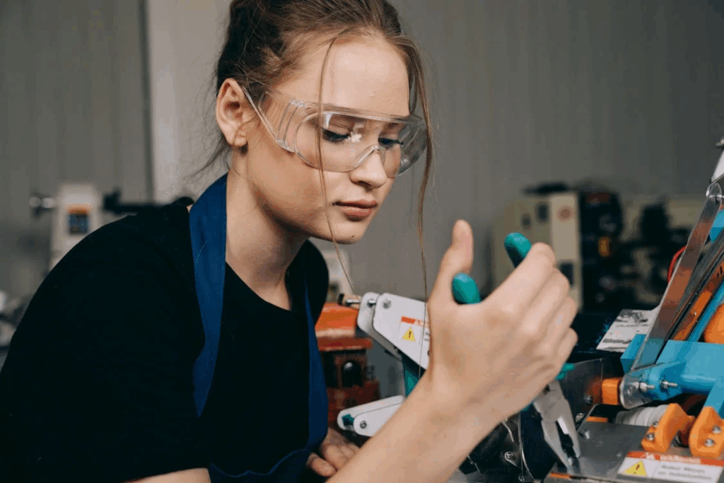 A woman wearing safety goggles while using a pair of pliers.