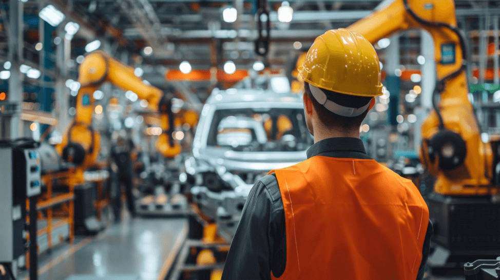 A male worker wearing a yellow hardhat, standing near an assembly line.