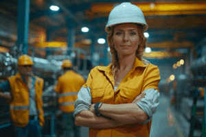 A woman stands confidently inside a warehouse