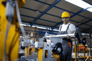 A person wearing safety hardhat and eyeware and carrying a piece of machinery