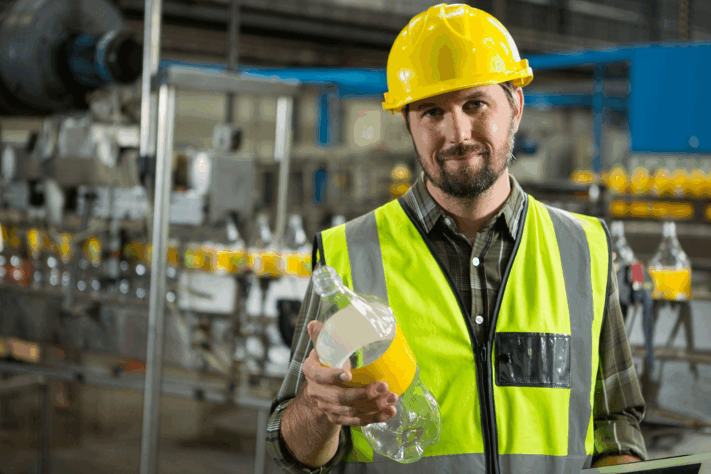 A person in PPE holding a plastic bottle