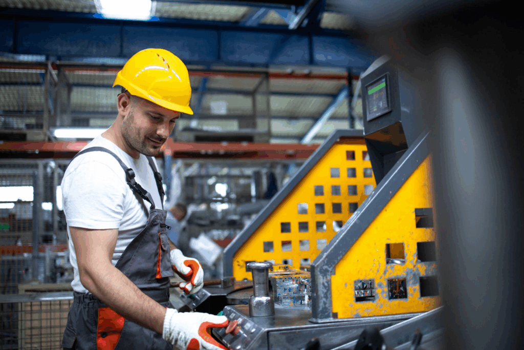 A person in PPE operating a machine