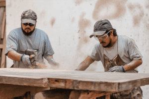 Two carpenters working on a wooden table or door