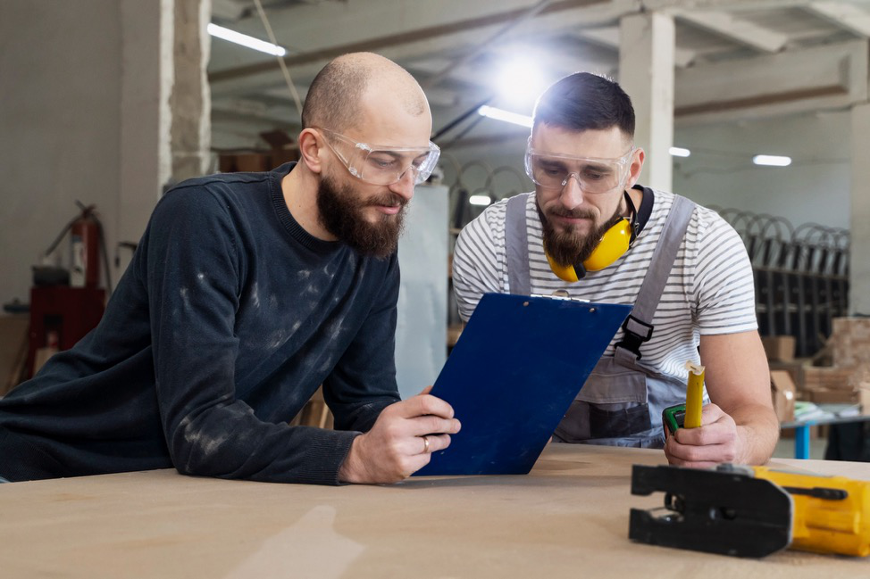 Two people wearing PPE and looking at a clipboard