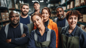 A team of skilled and general labor workers stand in a warehouse.
