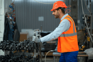 A person in safety gear pushing a rack of machine parts