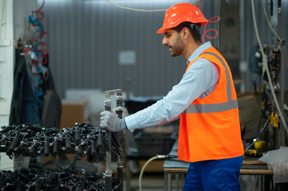 A person in safety gear pushing a rack of machine parts