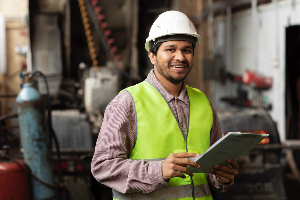 A person wearing green PPE and holding a clipboard
