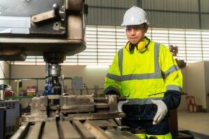 A factory worker in PPE standing in front of a hand-controlled drilling machine