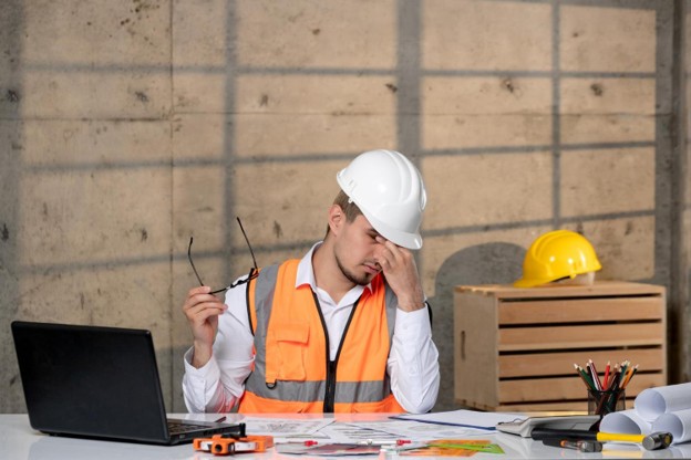 A stressed warehouse manager wearing an orange safety vest and white hard hat holding his glasses and pinching the bridge of his nose at his desk.